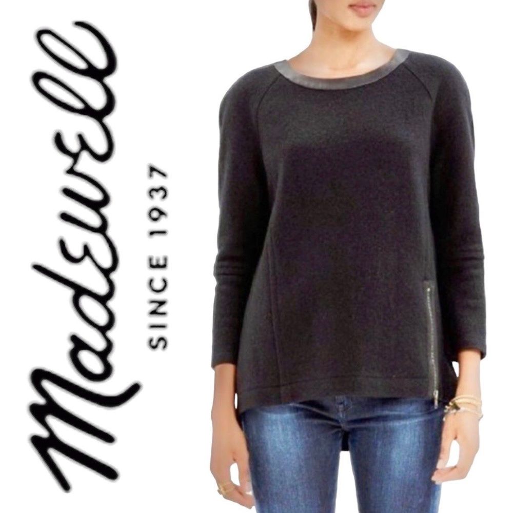 MADEWELL Structured Sweater Black Wool Leather Trim Size XXS